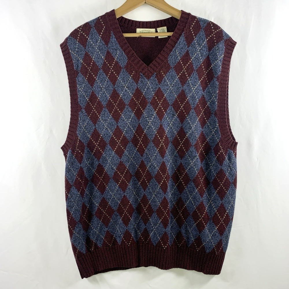 VTG Mens Cotton Argyle Sweater Vest Size L Grandpa Academia Preppy Old Money